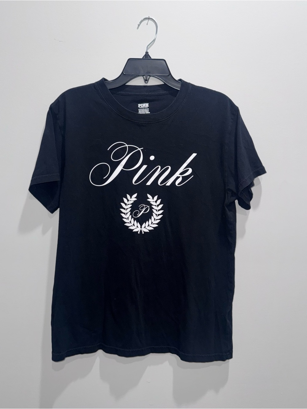 PINK Victoria's Secret Black Short-Sleeve Logo Tee with White Script
